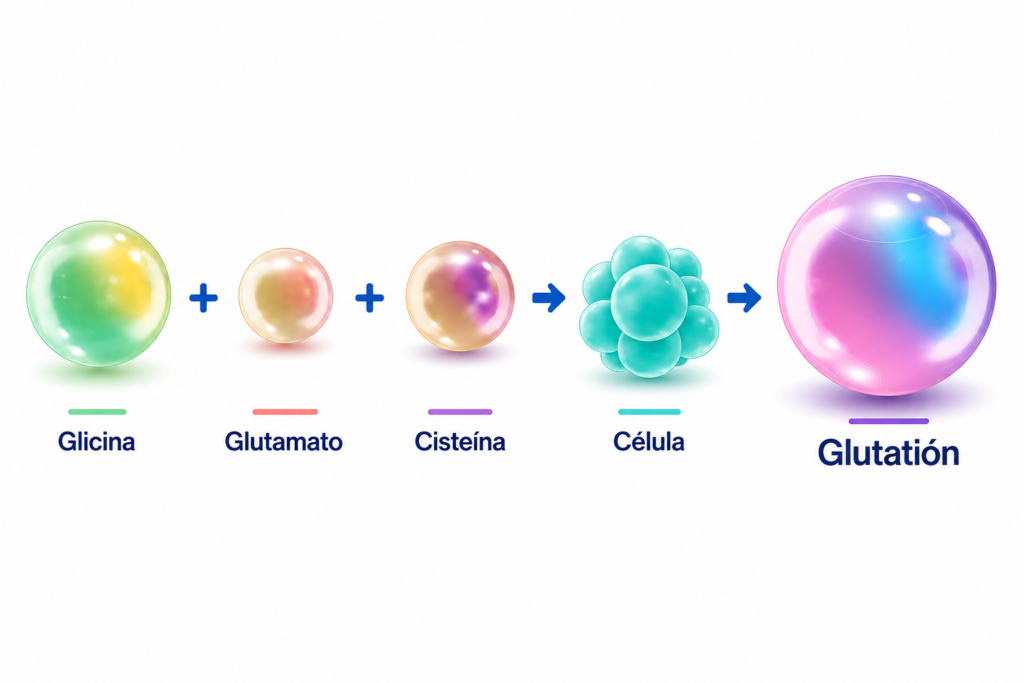 Síntesis del glutatión a partir de glicina, glutamato y cisteína para la nutrición celular y el equilibrio del sistema inmunológico.